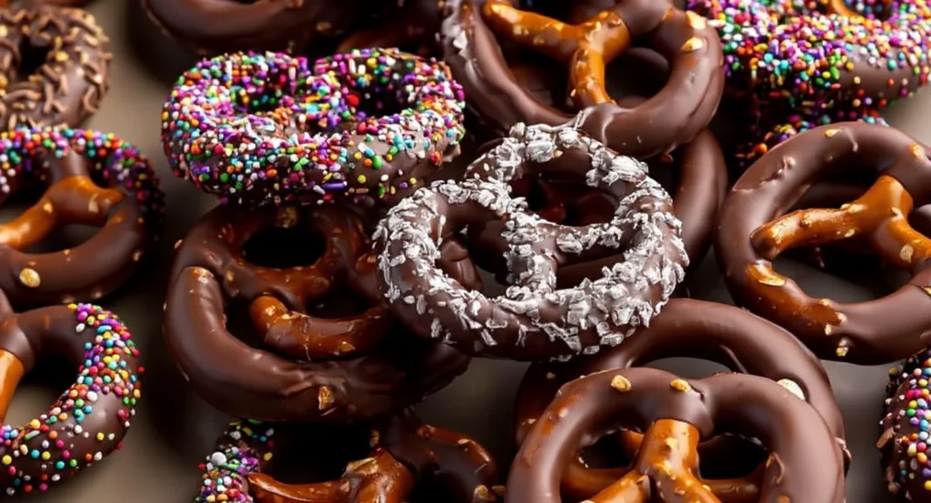 Easy Chocolate Covered Pretzels Recipe made with crunchy pretzels dipped in rich chocolate and colorful toppings