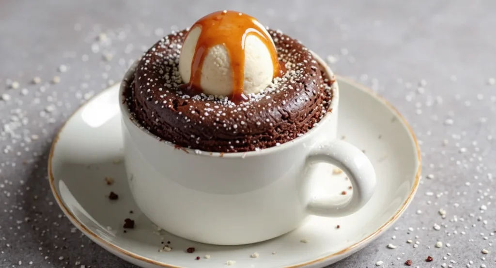 Easy Chocolate Mug Cake Recipe served warm with ice cream and caramel sauce in a mug