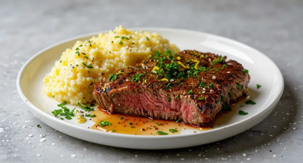 Front view of Easy Chuck Eye Steak Recipe served with creamy mashed potatoes and fresh herbs.