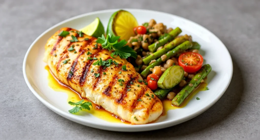 Easy Grilled Mahi Mahi Recipe with lemon and asparagus on a plate