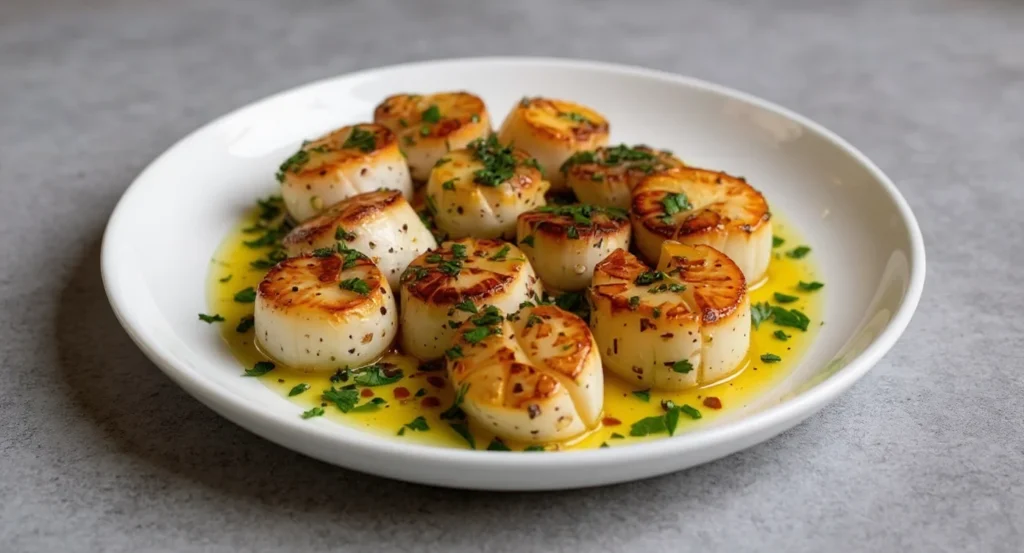 Easy Grilled Scallops Recipe with butter sauce and parsley garnish