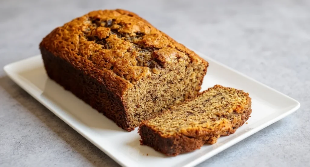 Easy Healthy Banana Bread Recipe showing freshly baked loaf with one slice cut