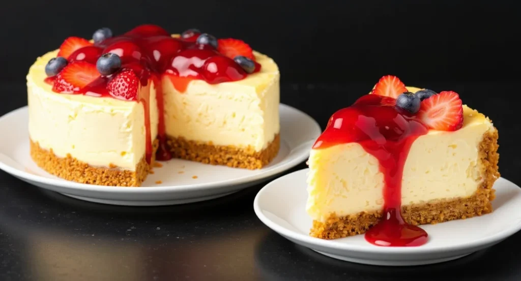 Easy Philadelphia Cheesecake Recipe with fresh berry topping and drizzled with thin berry coulis