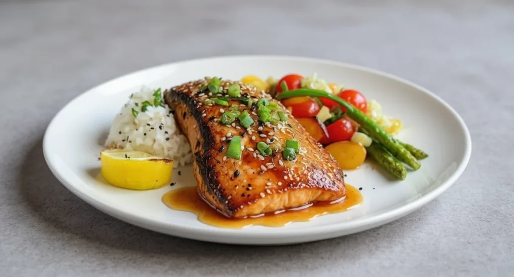 Easy Teriyaki Salmon Recipe with sesame seeds, steamed rice, and colorful vegetables for a healthy, flavorful meal.