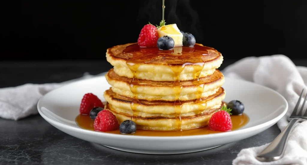 Easy cottage cheese pancakes recipe topped with berries, butter, and maple syrup on a white plate