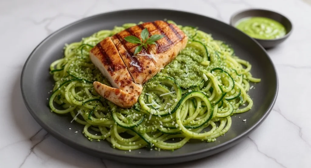 Front view of healthy grilled chicken zucchini noodles with green pesto sauce.
