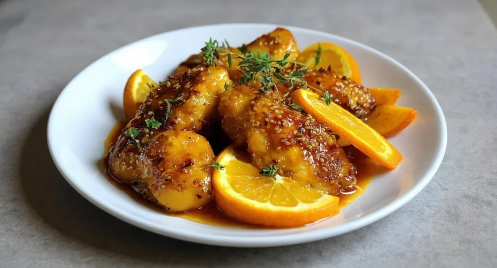 Homemade Orange Chicken Recipe glazed with citrus sauce and garnished with herbs