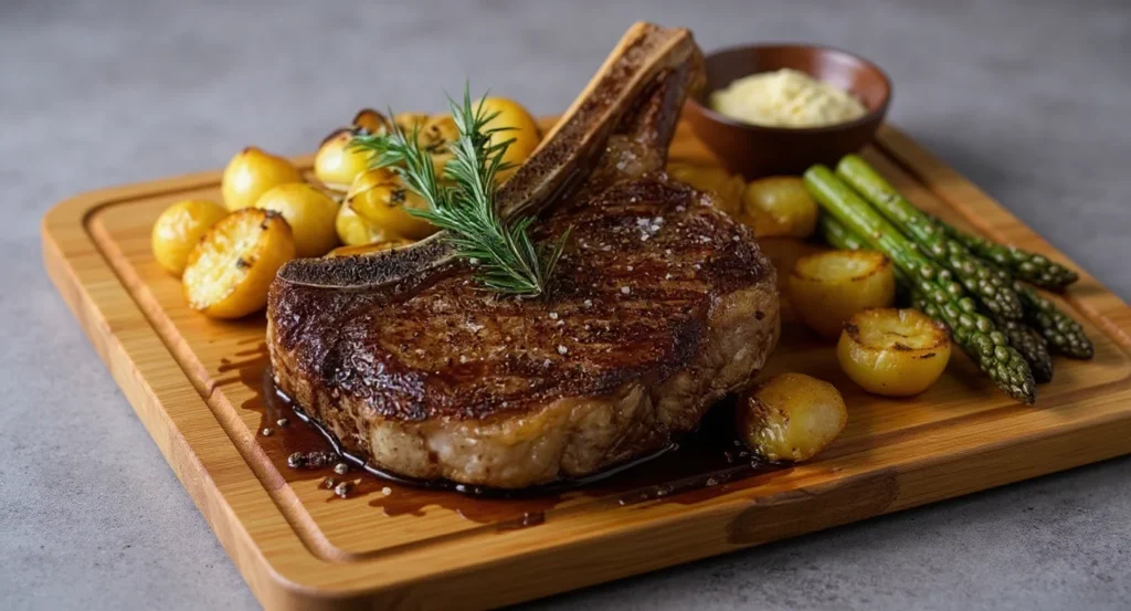 Juicy Grilled Tomahawk Steak Recipe served with golden potatoes and fresh asparagus.