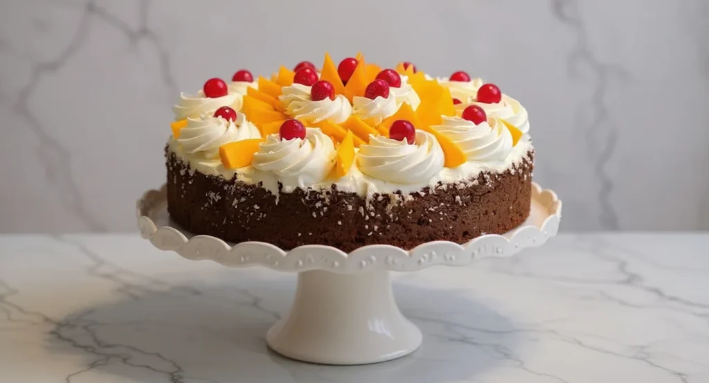 Decorated cake made from Rosemary’s Bakery Whipped Cream Cake Recipe with cream, cherries, and mango