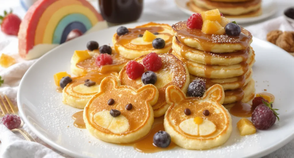 Kid-friendly easy cottage cheese pancakes recipe with fruit and maple syrup