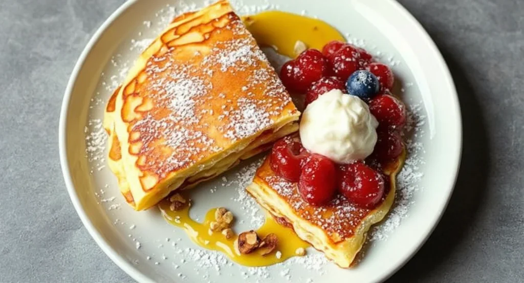Authentic German Pancake Recipe with cherries, whipped cream, and powdered sugar on a white plate
