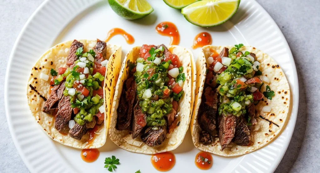 Authentic Mexican Steak Tacos Recipe with grilled steak, fresh pico de gallo, and lime wedges on corn tortillas
