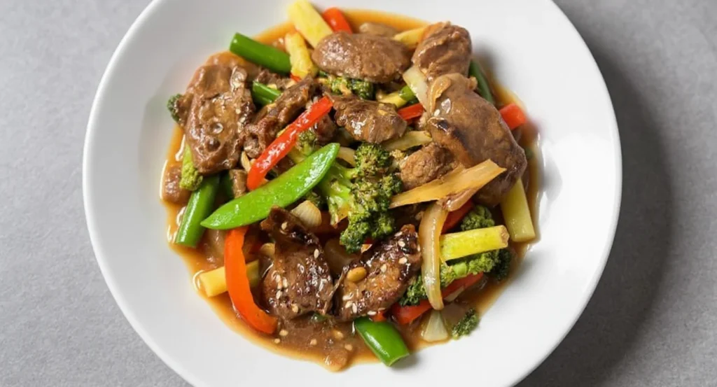 Beef Chop Suey Recipe with fresh vegetables and noodles in savory sauce