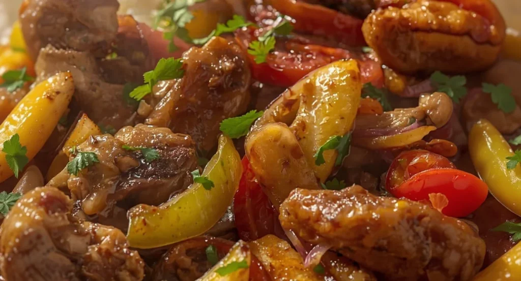 lomo saltado comfort food Authentic Chicken Lomo Saltado Recipe featuring stir-fried chicken, colorful vegetables, and rich sauce.