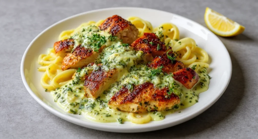 Creamy Pesto Chicken Recipe served with pasta and fresh herbs on a white plate