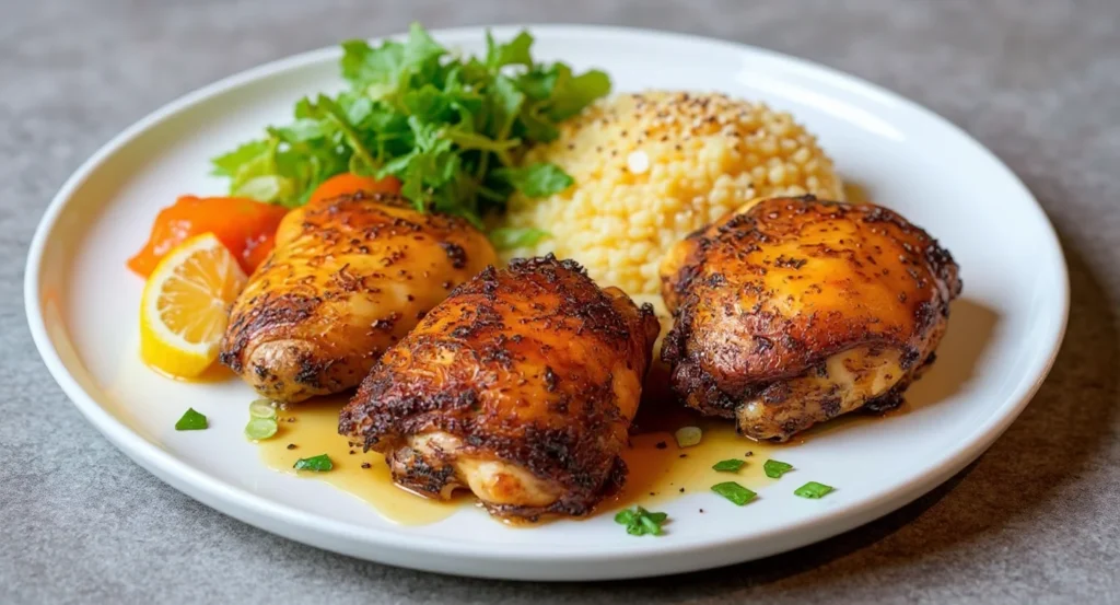 crispy chicken thighs air fryer Crispy chicken thighs in air fryer served with rice, salad, roasted peppers, and lemon on a white plate.