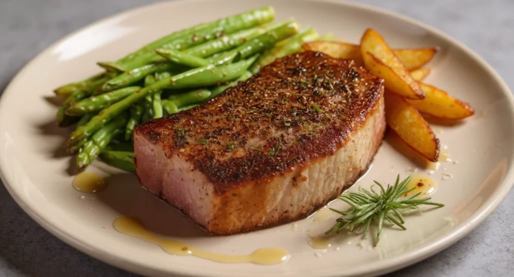 Easy Air Fryer Tuna Steak Recipe with green beans, potato wedges, and fresh rosemary garnish.