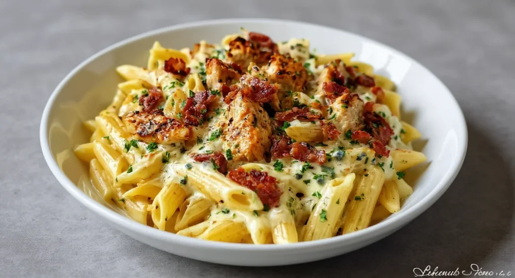 Easy Chicken Bacon Ranch Pasta Recipe with creamy penne, grilled chicken, and crispy bacon pieces