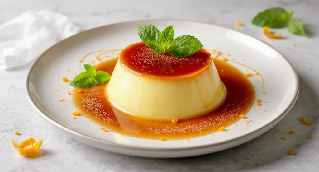 Easy Flan Napolitano Recipe topped with rich caramel sauce and fresh mint on a plate.
