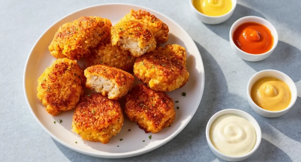 Golden Easy Ground Chicken Bites recipe arranged on a plate with flavorful dipping sauces.