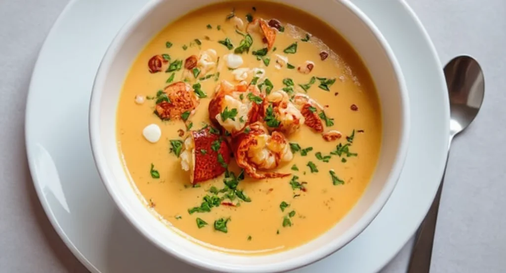 Easy Lobster Bisque Recipe with rich creamy broth and tender lobster pieces