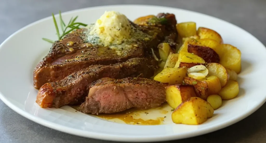 Easy New York Strip Steak Recipe with garlic butter and roasted potatoes.