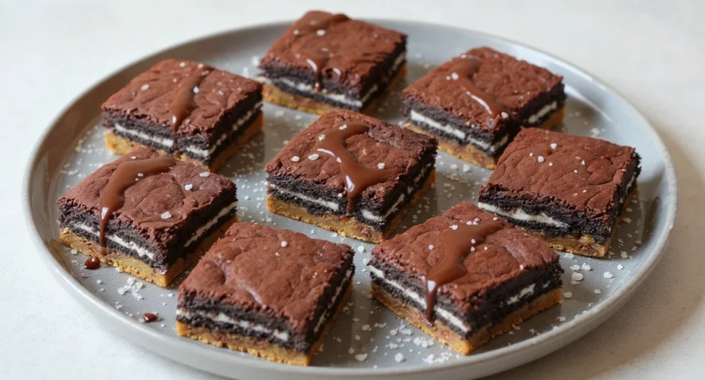 Easy Slutty Brownie Recipe with chocolate, Oreo, and cookie layers