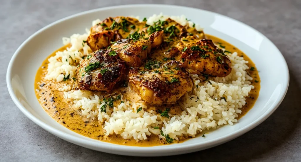 Easy smothered chicken recipe Easy Smothered Chicken Recipe served with rice and creamy gravy.