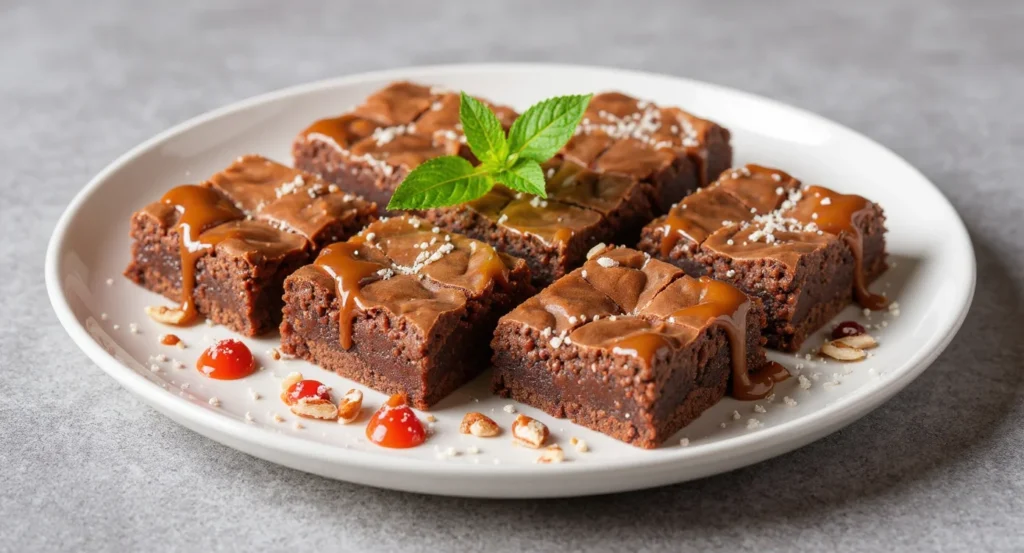 Easy Sweet Potato Brownies Recipe with caramel drizzle and garnished with fresh mint