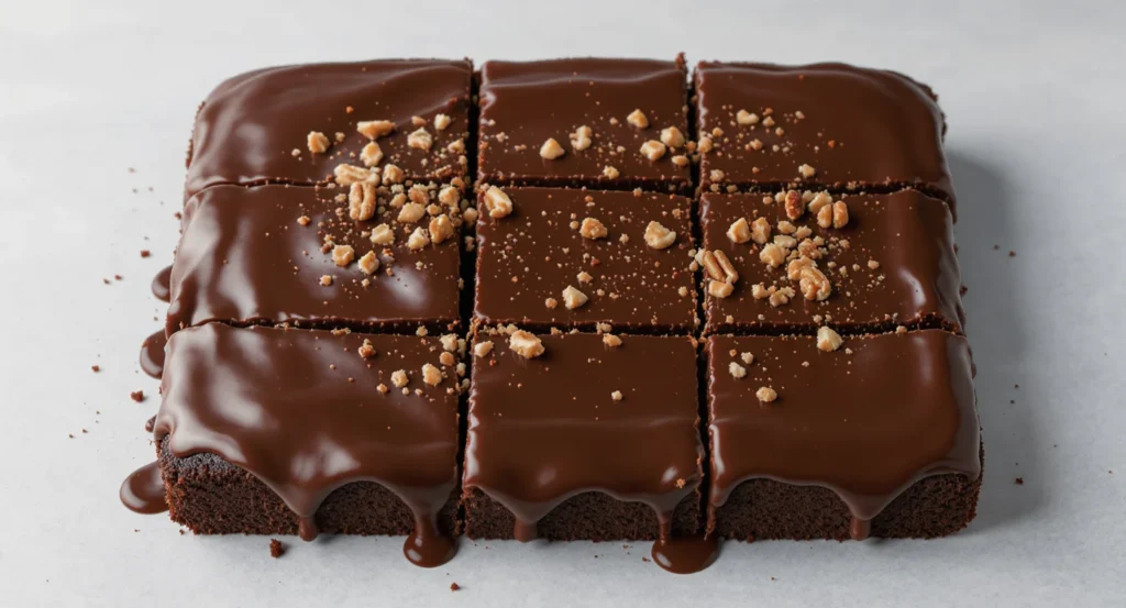 Easy Texas Sheet Cake Recipe with rich chocolate frosting and pecan topping