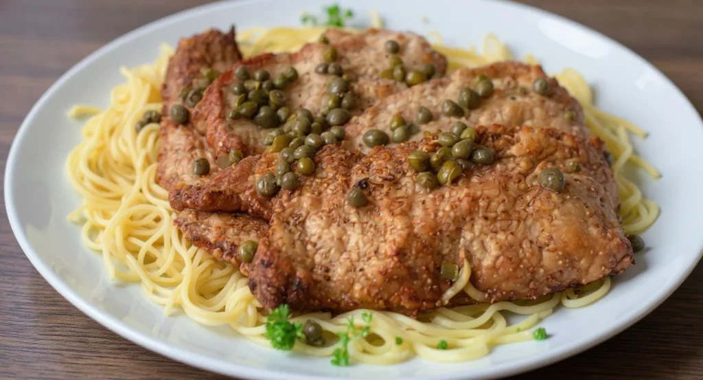 Easy Veal Scallopini Recipe served with spaghetti and capers on a white plate