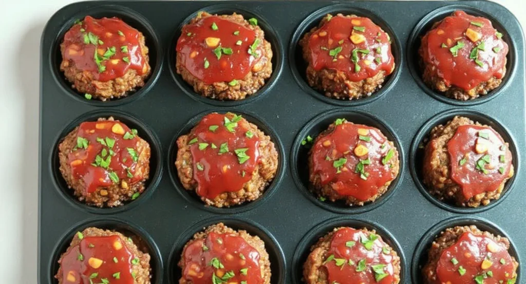 Juicy Muffin Tin Mini Meatloaf Recipe baked in a muffin pan with ketchup glaze and fresh parsley garnish.