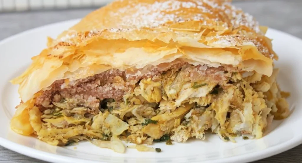Slice of Moroccan Chicken Pastilla with layers of crispy pastry, spiced chicken, and almonds