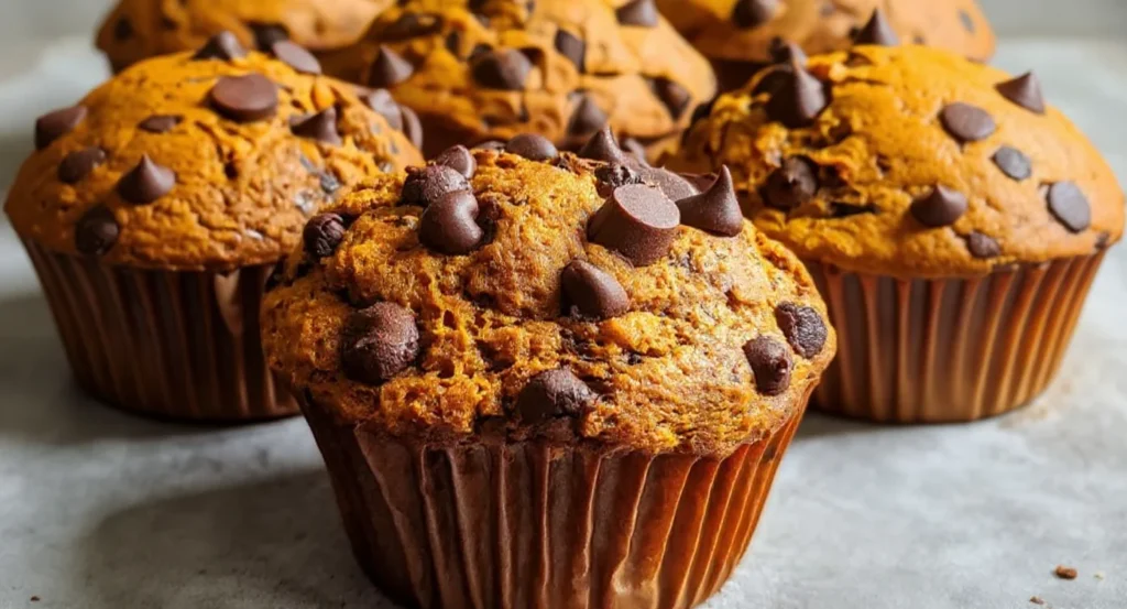 pumpkin chocolate chip muffins recipe Freshly baked Pumpkin Chocolate Chip Muffins Recipe with moist texture and rich chocolate chips on top.