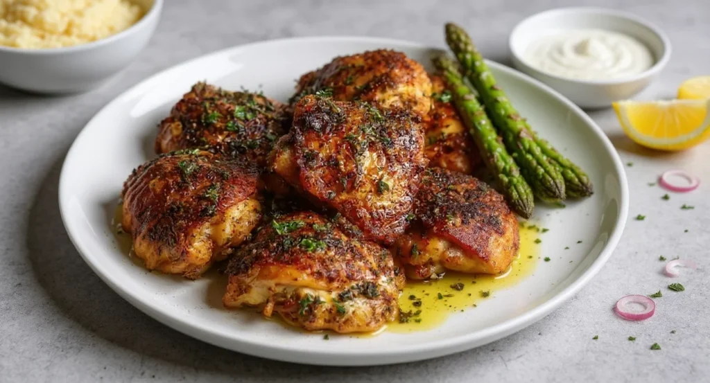 Crispy chicken thighs in oven served with asparagus, lemon, and sauce on a plate