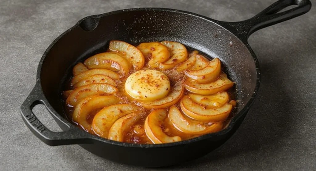 Easy southern fried apples recipe cooking in a cast iron skillet with cinnamon and butter.