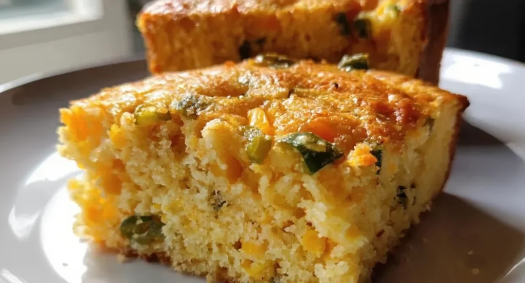 Mexican cornbread recipe with golden crust and jalapeño pieces.