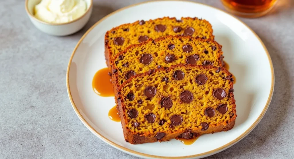 Pumpkin chocolate chip bread recipe with three moist slices topped with rich chocolate chips and syrup drizzle on a plate
