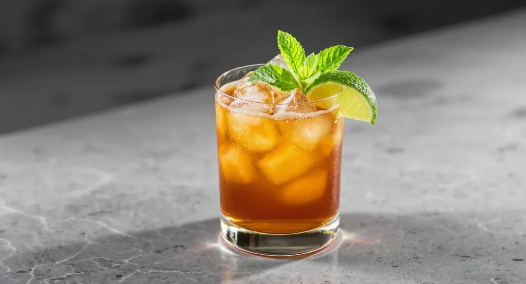 classic mai tai ingredients Glass of Authentic Mai Tai Recipe on ice with lime slice and fresh mint.