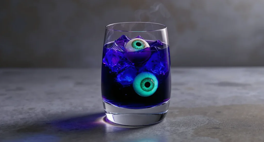 Creepy Eyeball Potion Halloween Drinks Cocktails featuring realistic eyeball garnish in red liquid.