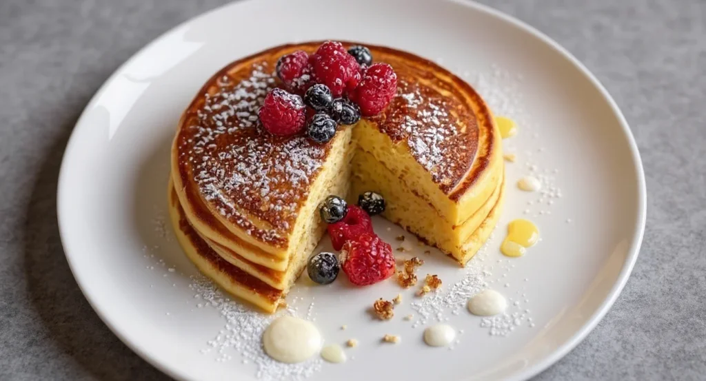 Authentic German Pancake Recipe with golden layers, fresh berries, and dusted sugar