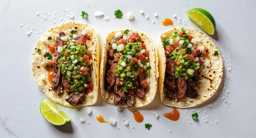 Authentic Mexican Steak Tacos Recipe featuring tender steak strips topped with salsa verde and onions on warm tortillas
