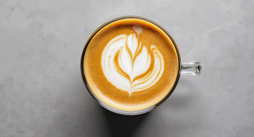 Glass mug of rich latte prepared using the Best Coffee Loophole Recipe with cinnamon on top.