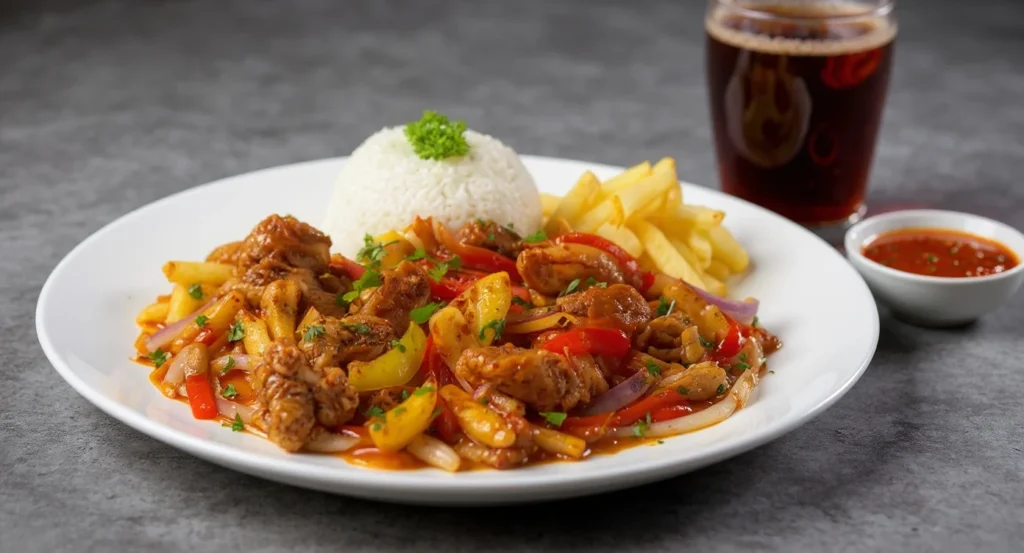 Authentic Chicken Lomo Saltado Recipe with juicy chicken, vegetables, white rice, and golden fries.