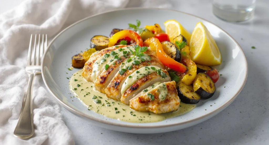 choosing the right chicken Creamy Pesto Chicken Recipe with grilled vegetables and lemon wedges on a plate