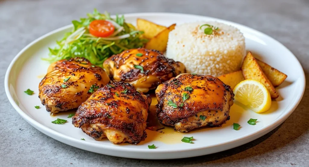 air fryer basics Crispy Chicken Thighs In Air Fryer served with rice, potato wedges, and fresh salad.