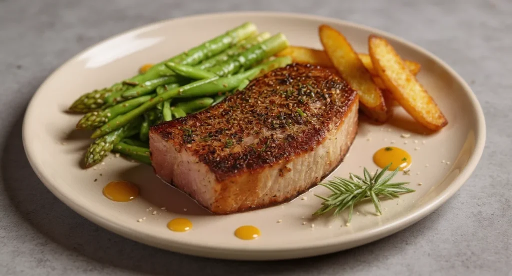 Easy Air Fryer Tuna Steak Recipe served with roasted potato wedges, sautéed green beans, and herb garnish.