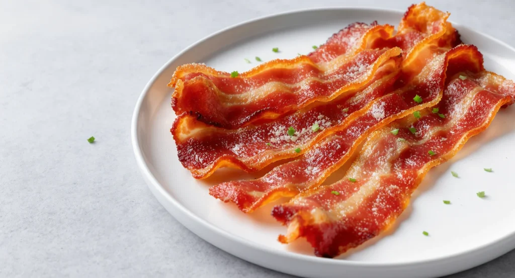Crispy beef bacon strips on a white plate – Easy Beef Bacon Recipe.