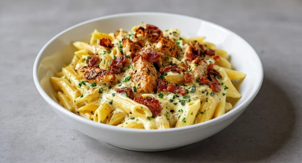 Easy Chicken Bacon Ranch Pasta Recipe topped with juicy chicken, ranch sauce, and crunchy bacon bits