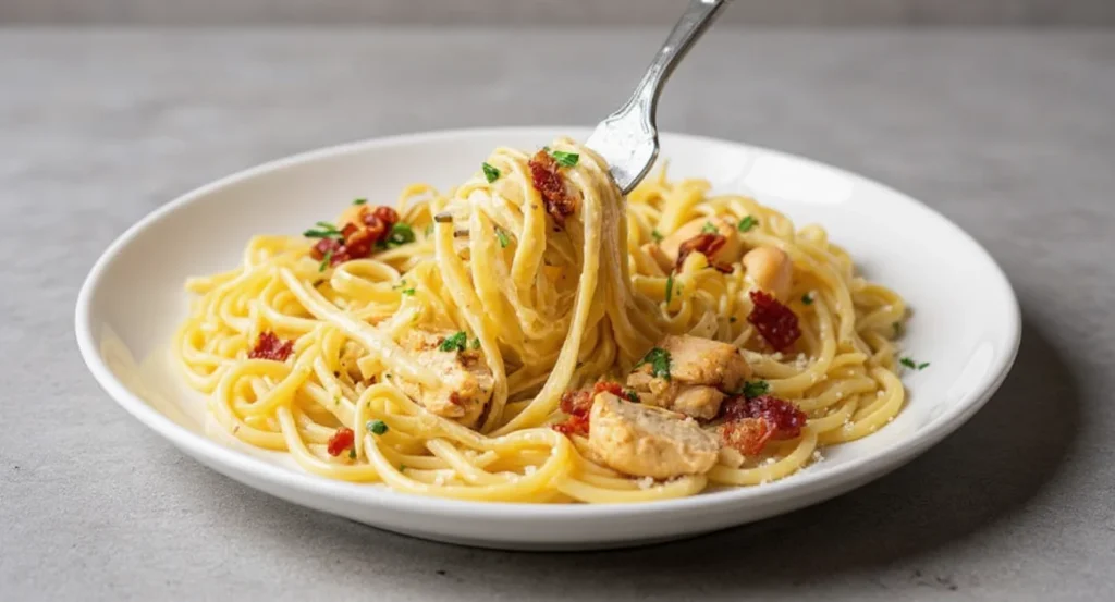Easy Chicken Carbonara Recipe with creamy fettuccine pasta, juicy chicken chunks, and crispy bacon bits.
